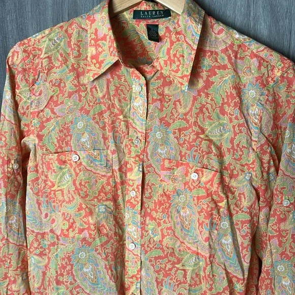 Lauren Ralph Lauren Colorful Orange Paisley Shirt - Picture 3 of 13